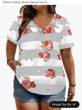 V-Neck Short Sleeve Floral Stripe Tunic - White & Gray with Red Roses